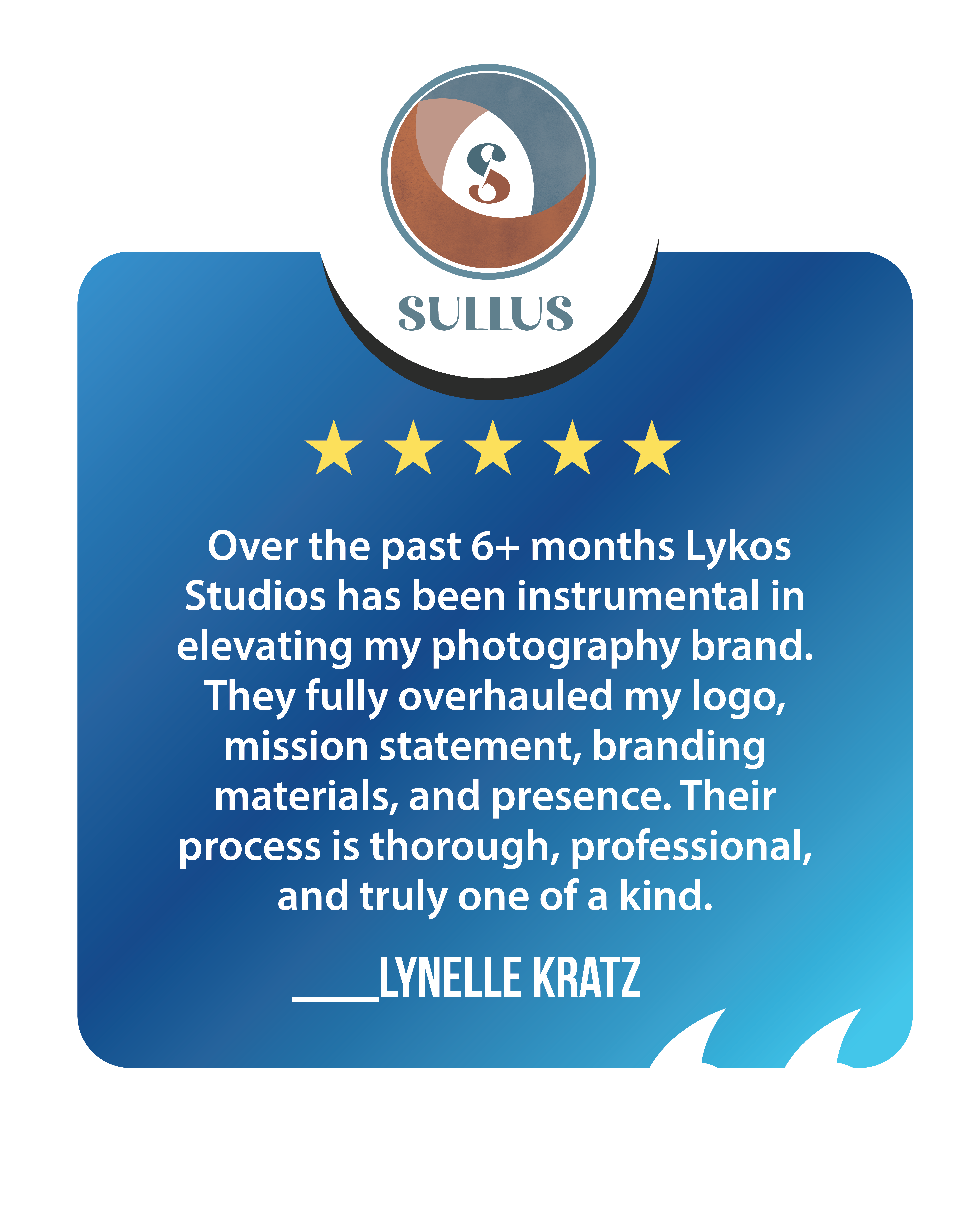 Client testimonial graphic for Lykos Studios highlighting branding and design success